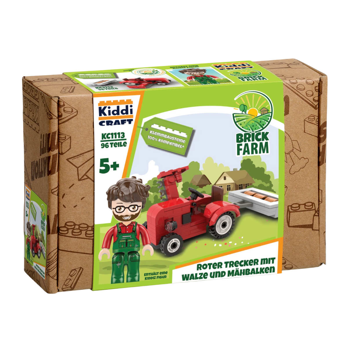 Kiddicraft KC1113 - Roter Trecker mit Walze und Mähbalken